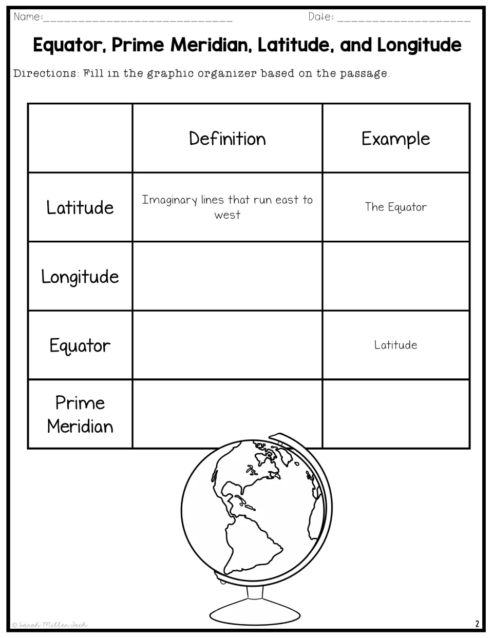 Vocabulary organizer: students write definitions and examples for longitude, Equator and Prime Meridian; latitude is modeled