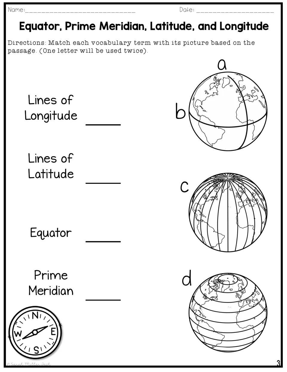 Globe picture matching: students pair each map-line vocabulary term with lettered globes a to d; one letter repeats