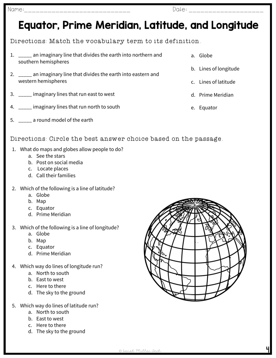 Comprehension check: students match five terms to definitions, then circle answers to five multiple-choice passage questions