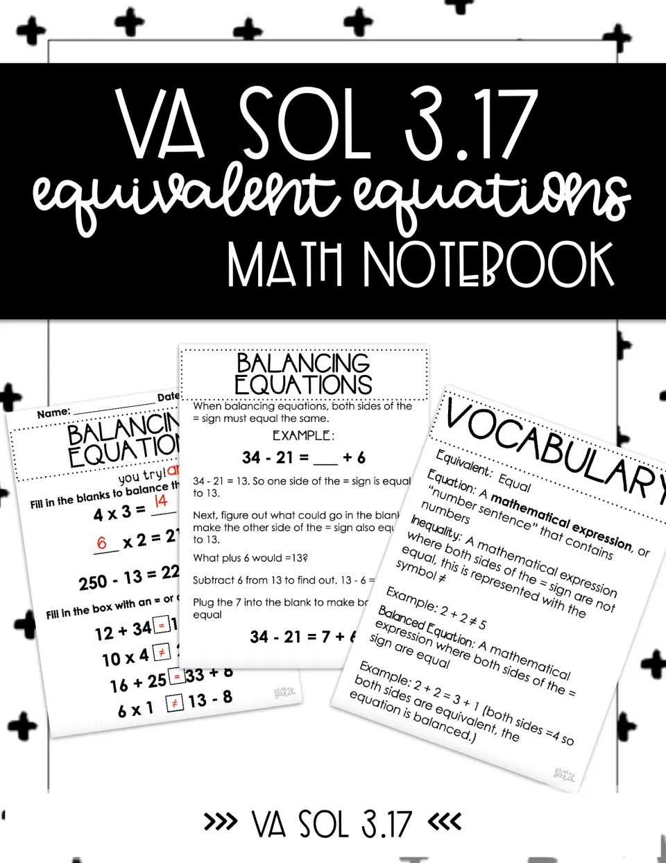 VA SOL 3.17 equivalent equations math notebook cover showing vocabulary, balancing example and you-try practice pages