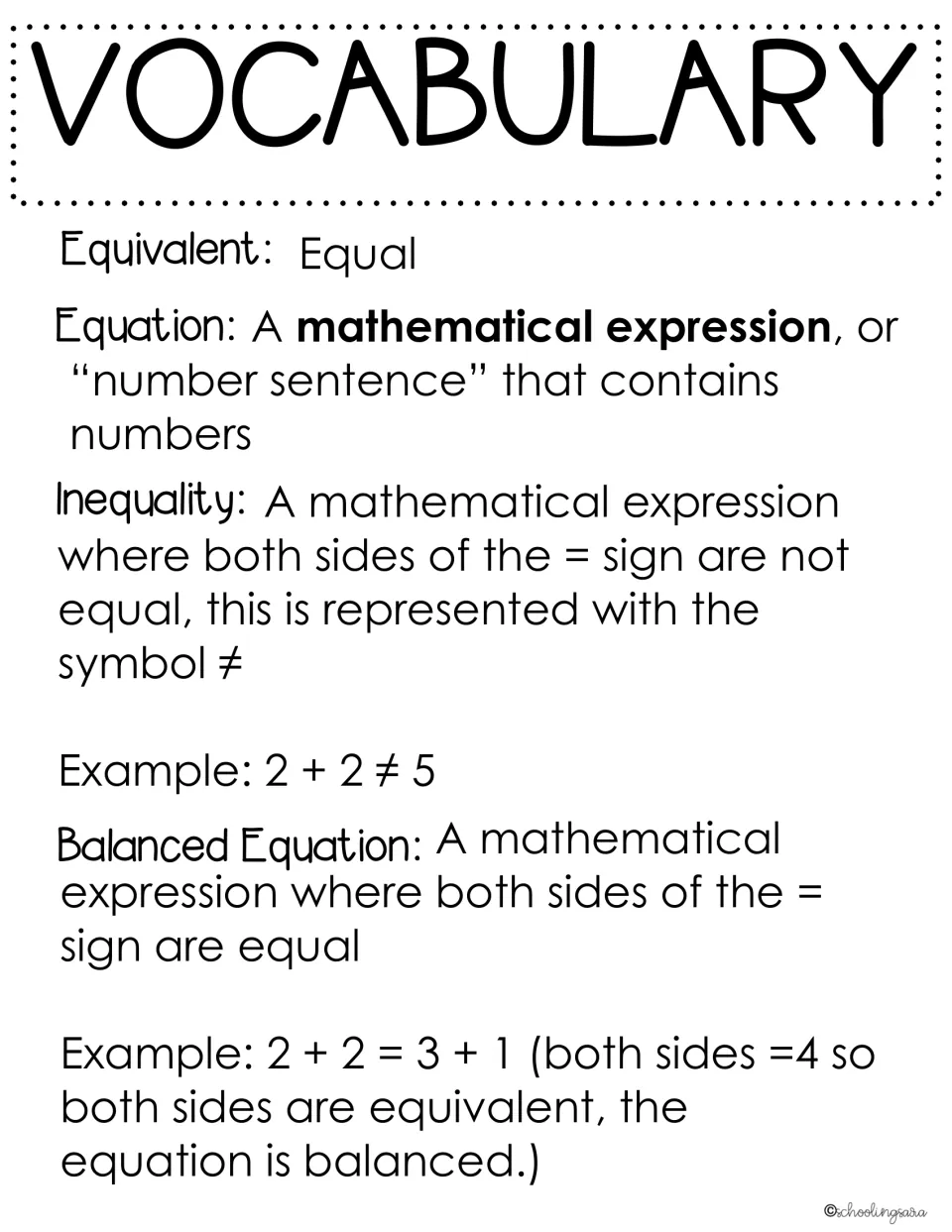 Equations vocabulary notes defining equivalent, equation, inequality and balanced equation, with examples 2+2≠5 and 2+2=3+1