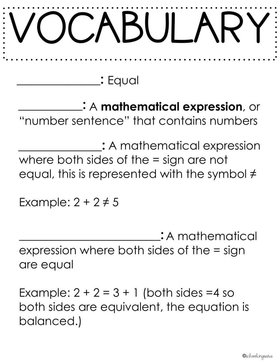 Fill-in vocabulary notes: students write the missing term beside four definitions with = and ≠ examples