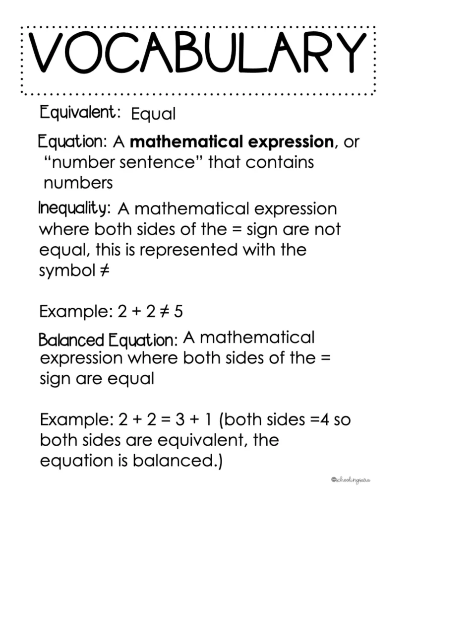 Notebook-sized vocabulary notes defining equivalent, equation, inequality and balanced equation with = and ≠ examples