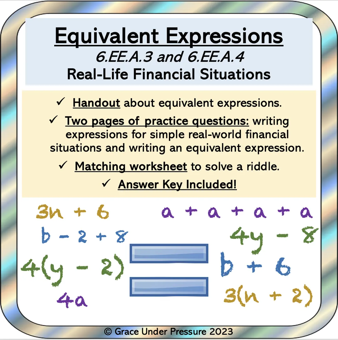 Equivalent Expressions – 6th Grade Handout & Match – cover
