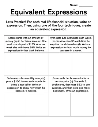 Equivalent Expressions – 6th Grade Handout & Match – sample page 4