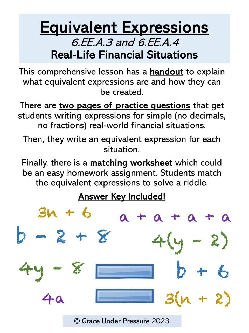 Equivalent Expressions cover: real-life financial situations with a handout, two practice pages, riddle match and key