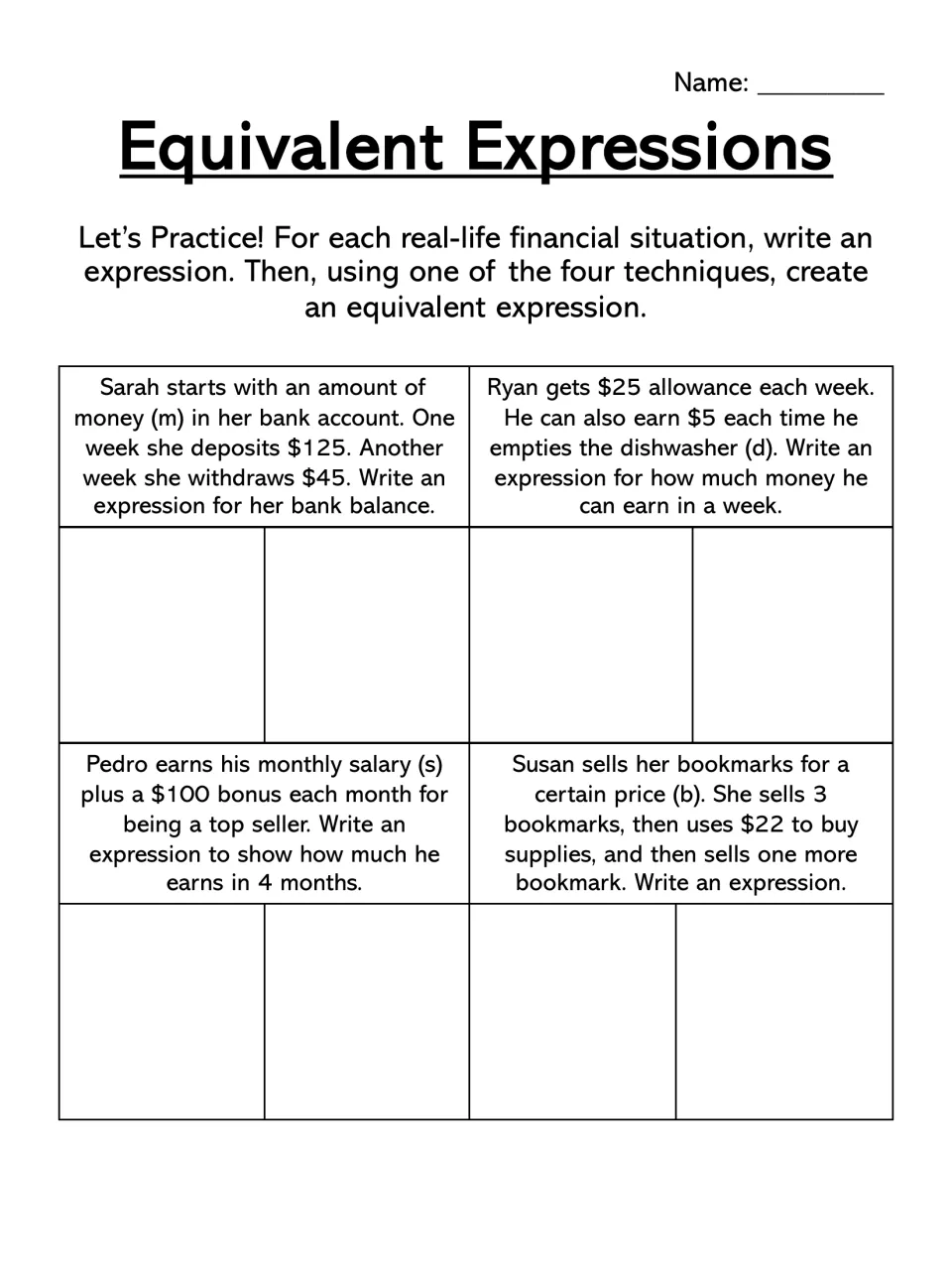 Money word problems: students write expressions for a bank balance, allowance, salary and bookmark sales, then rewrite each