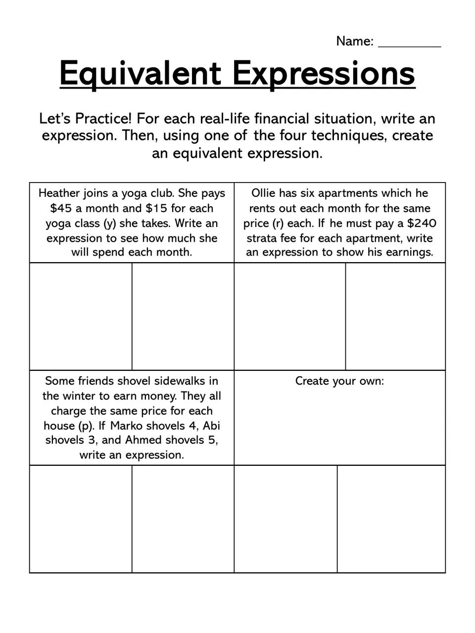 Yoga fees, apartment rent and sidewalk shoveling scenarios: students model each with an expression, then create their own