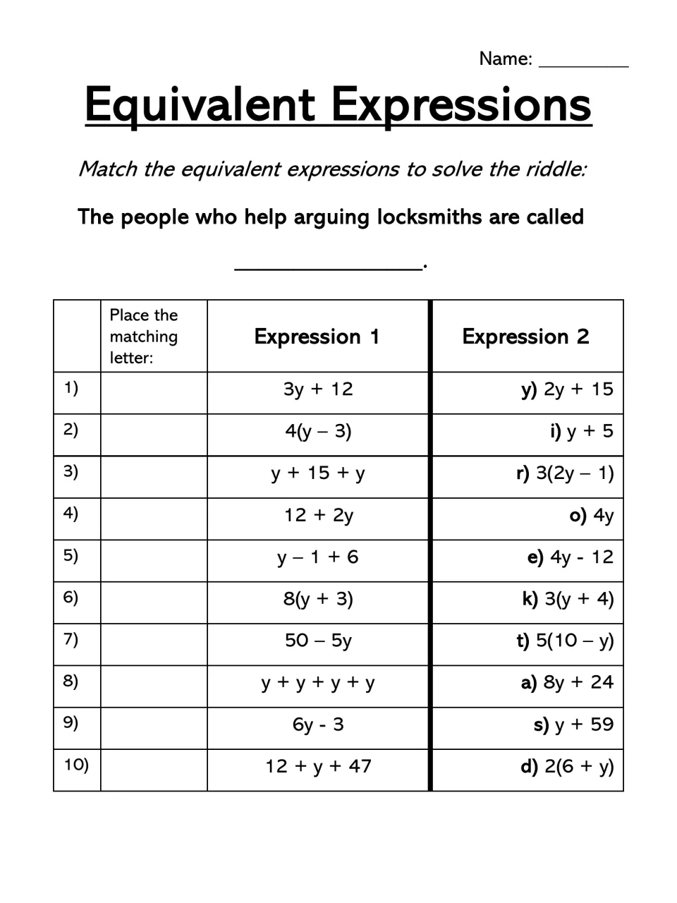 Riddle matching: students pair 10 expressions such as 8(y + 3) with equivalent forms to spell the locksmith joke answer