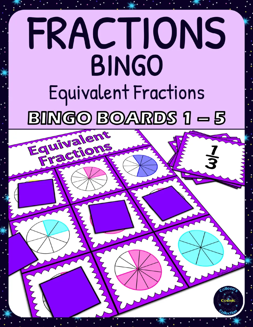 Cover of the equivalent fractions bingo game for boards 1–5, showing fraction circles and a 1/3 card
