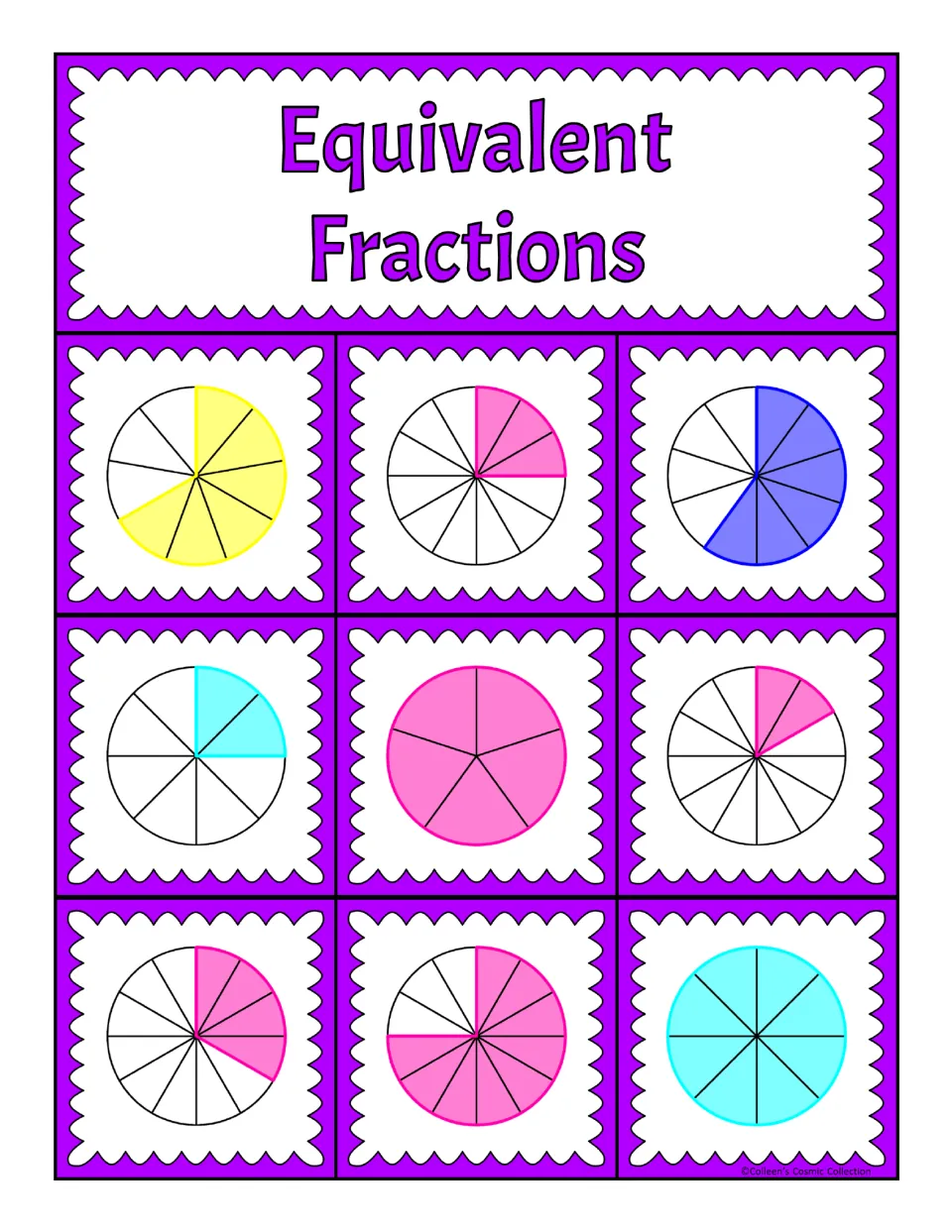 First bingo board: nine fraction circles, including 2/8, 3/12, 5/5, and 8/8, for matching equivalent fractions