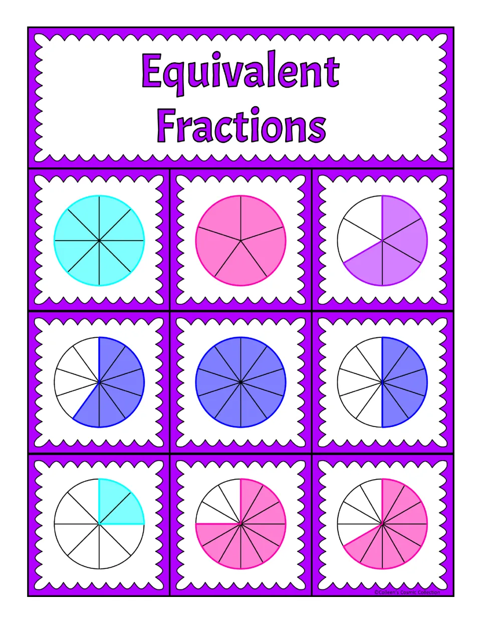 Second bingo board: nine fraction circles, including 4/6, 5/10, 2/8, and 9/12, for matching equivalent fractions