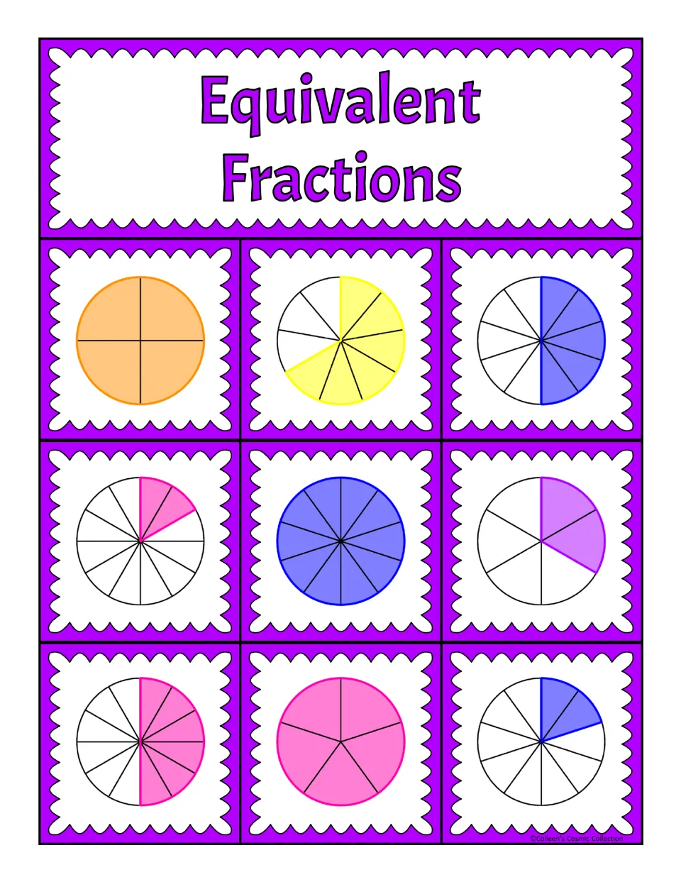 Third bingo board: nine fraction circles, including 4/4, 2/6, 6/12, and 2/10, for matching equivalent fractions