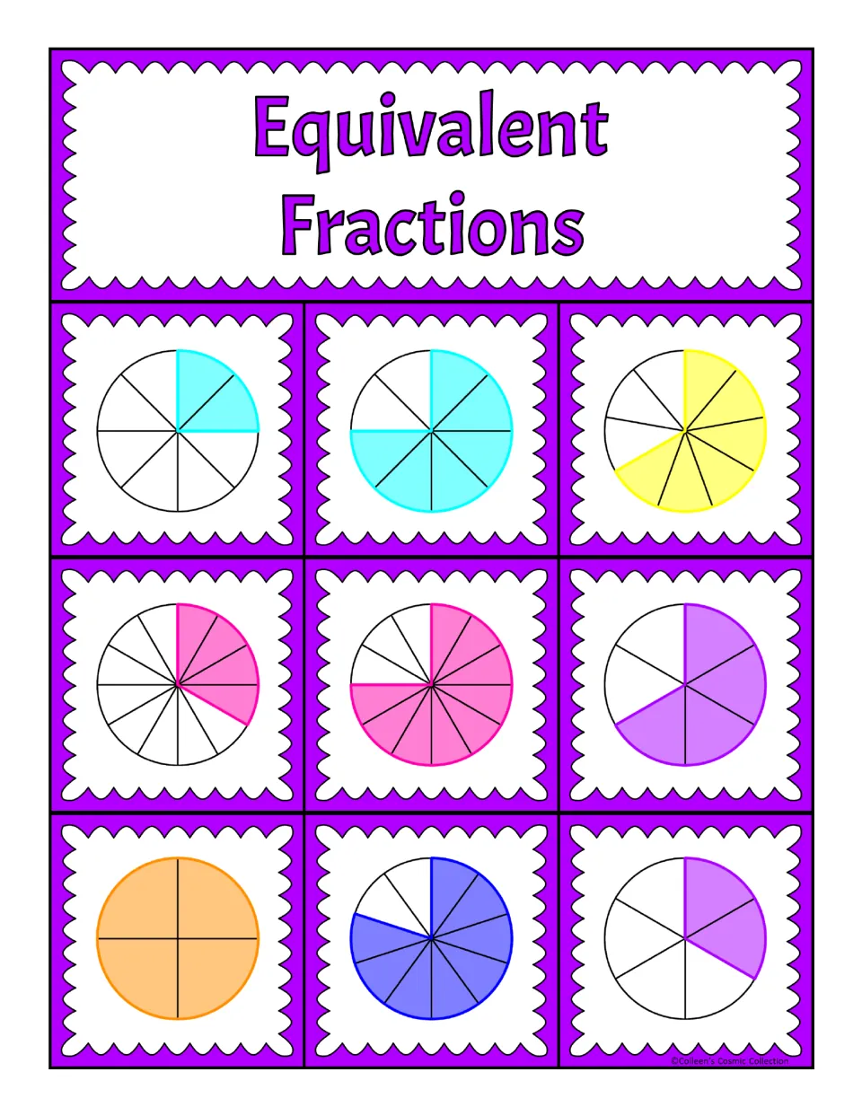 Fifth bingo board: nine fraction circles, including 2/8, 6/8, 4/6, and 2/6, for matching equivalent fractions