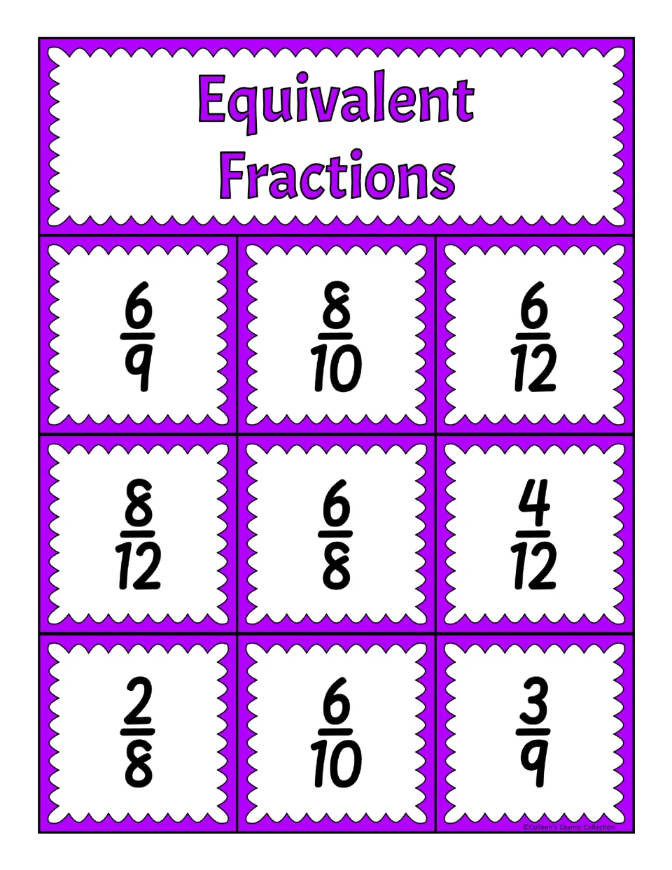 First equivalent fractions bingo board: 6/9, 8/10, 6/12, 8/12, 6/8, 4/12, 2/8, 6/10, and 3/9 for matching