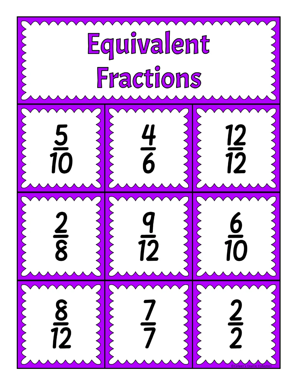 Second equivalent fractions bingo board: 5/10, 4/6, 12/12, 2/8, 9/12, 6/10, 8/12, 7/7, and 2/2 for matching