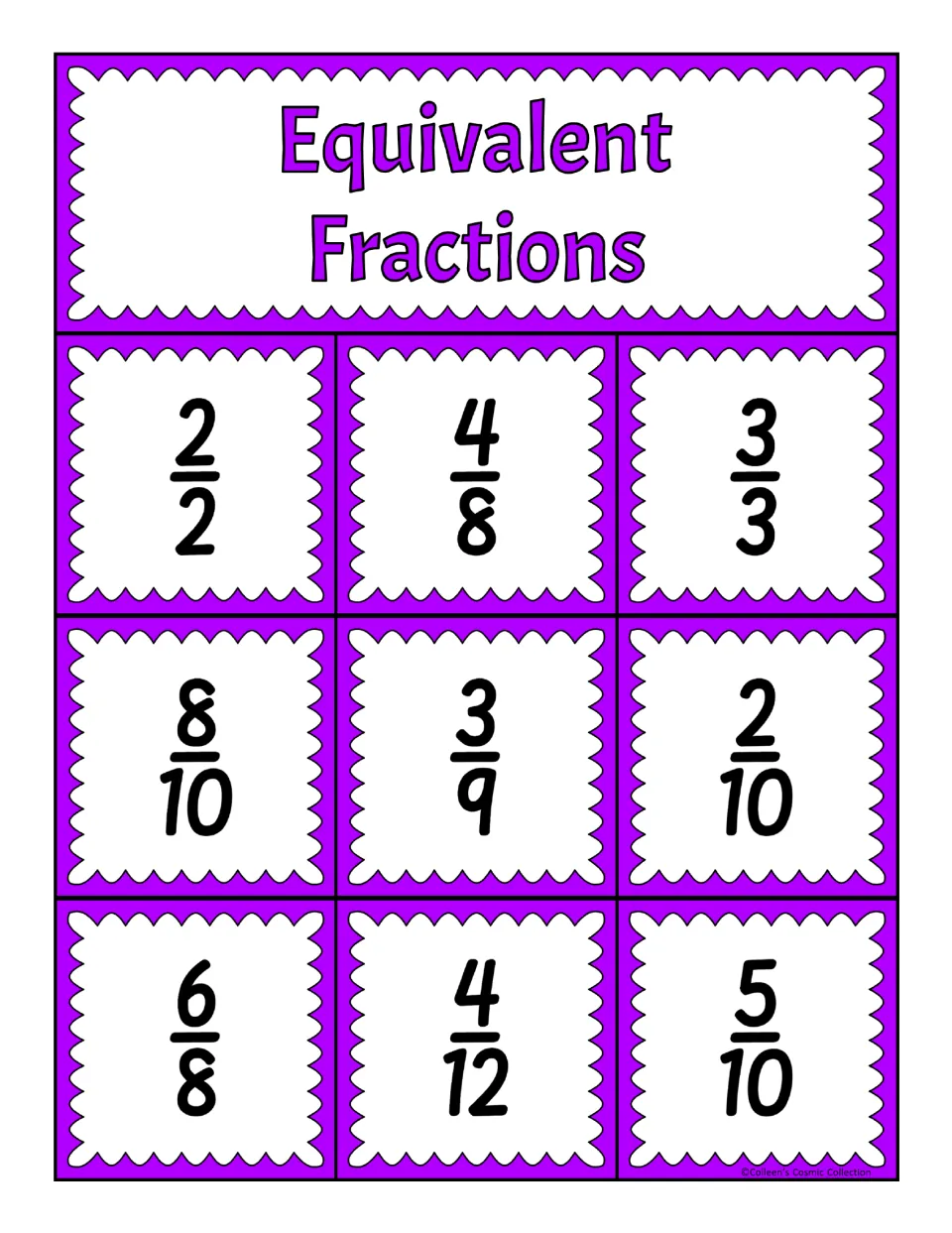 Fourth equivalent fractions bingo board: 2/2, 4/8, 3/3, 8/10, 3/9, 2/10, 6/8, 4/12, and 5/10 for matching