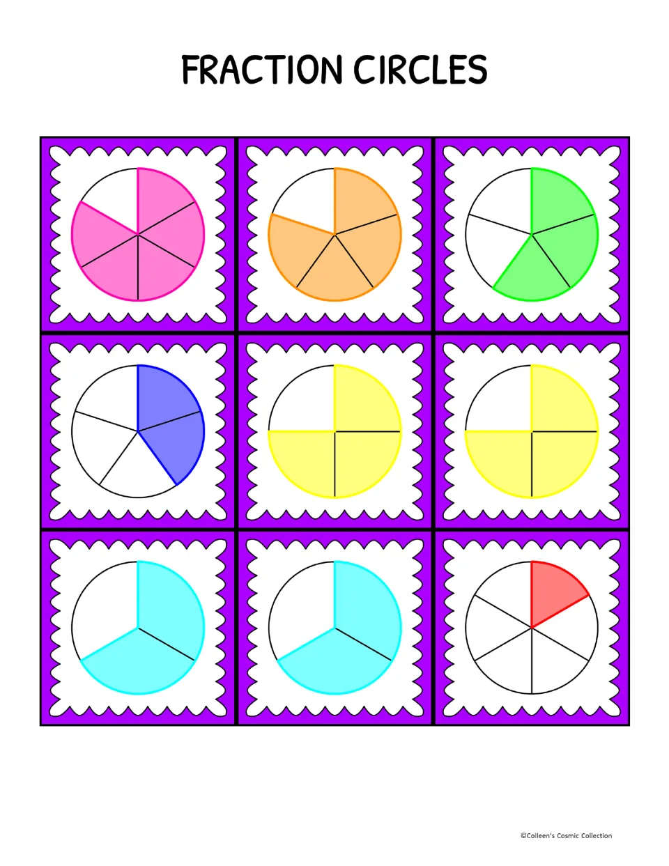 Nine bingo calling cards show shaded fraction circles: 5/6, 4/5, 3/5, 2/5, two 3/4, two 2/3, and 1/6