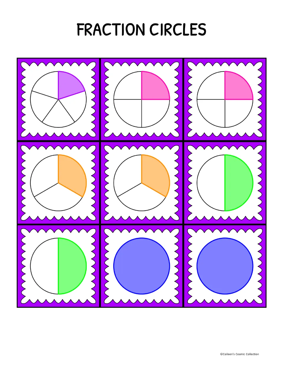Nine bingo calling cards show shaded fraction circles: 1/5, two 1/4, two 1/3, two 1/2, and two whole circles