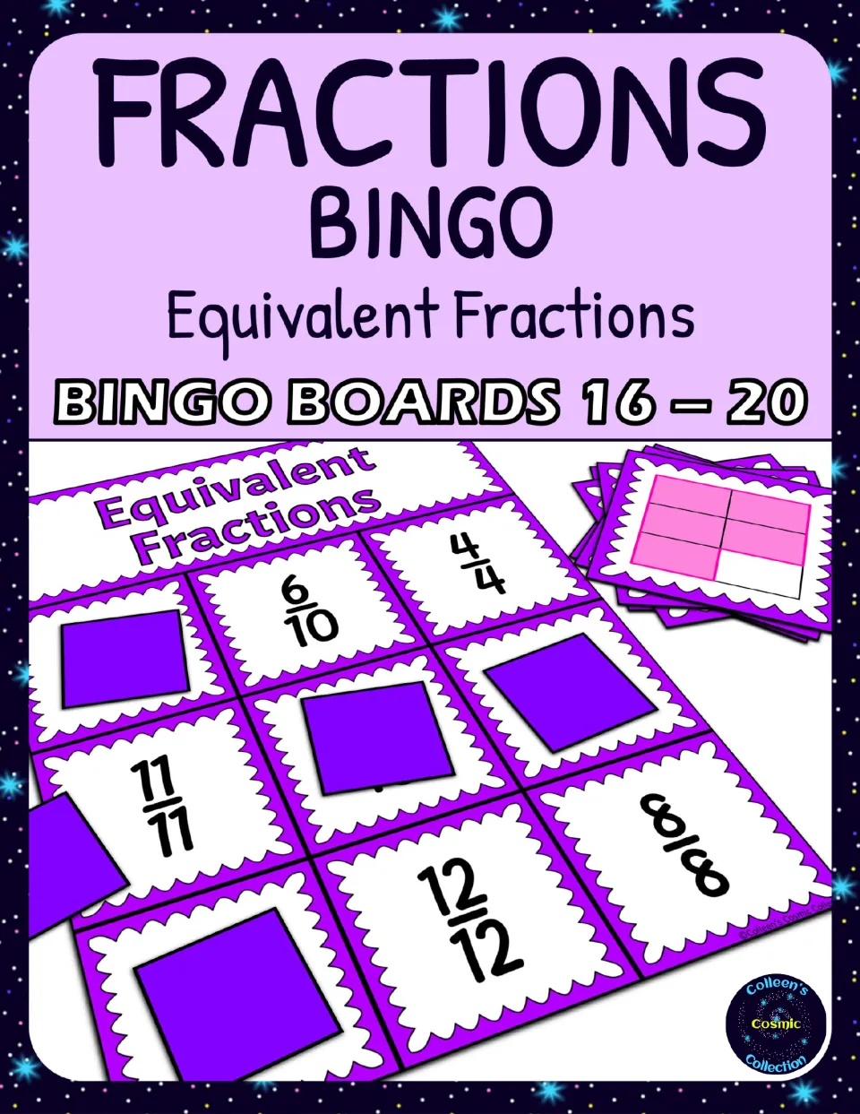 Equivalent fractions bingo cover identifying boards 16–20, with a sample fraction board and calling cards
