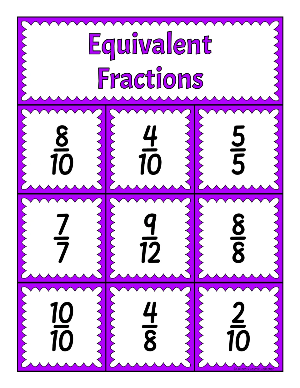 First equivalent fractions bingo board: 8/10, 4/10, 5/5, 7/7, 9/12, 8/8, 10/10, 4/8, and 2/10 for matching