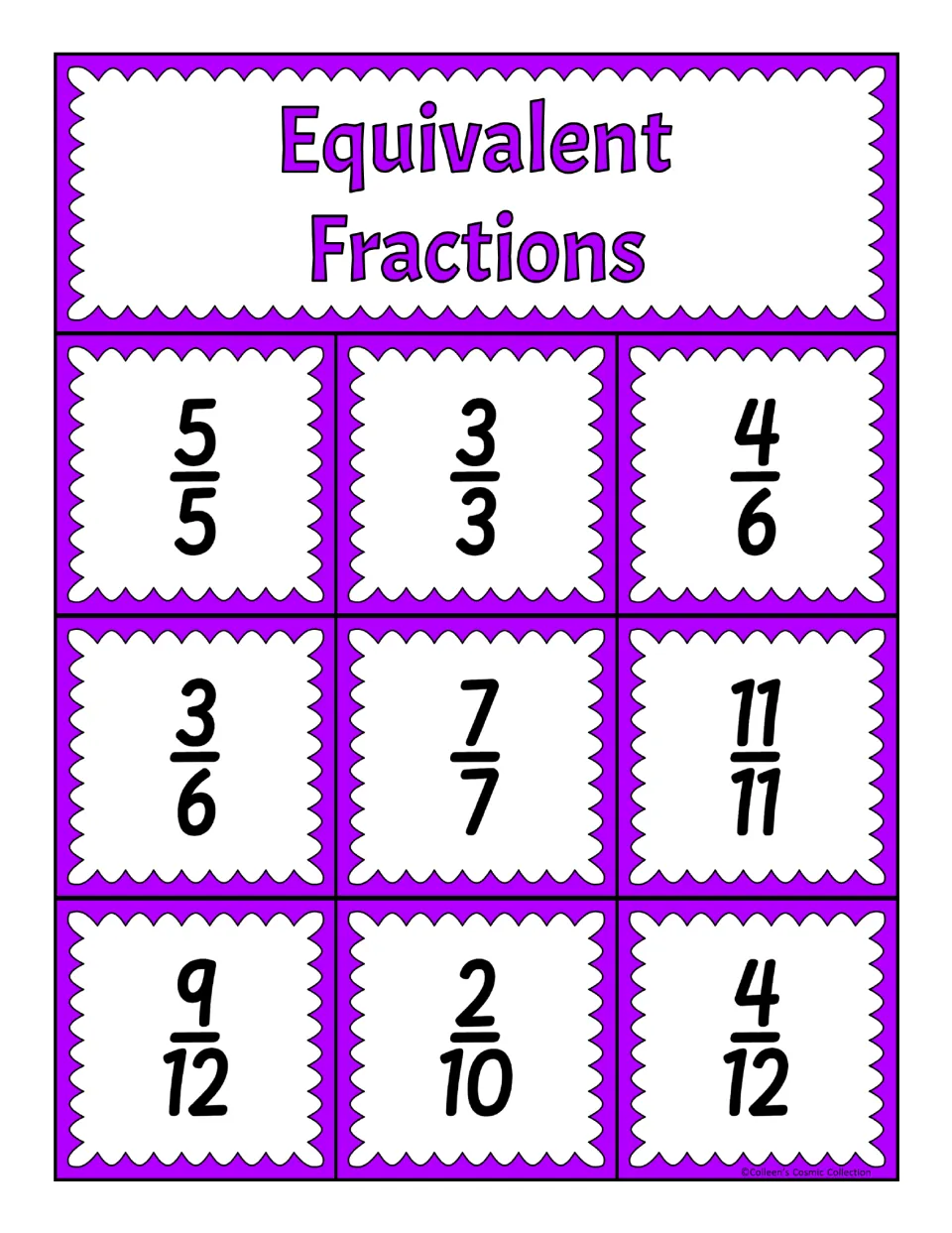 Second equivalent fractions bingo board: 5/5, 3/3, 4/6, 3/6, 7/7, 11/11, 9/12, 2/10, and 4/12 for matching