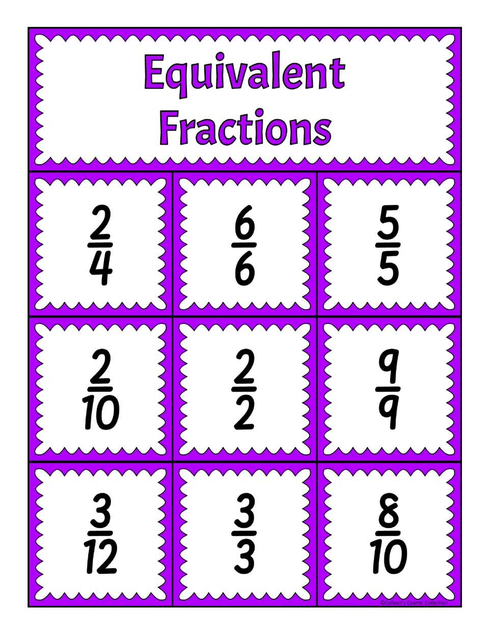 Third equivalent fractions bingo board: 2/4, 6/6, 5/5, 2/10, 2/2, 9/9, 3/12, 3/3, and 8/10 for matching