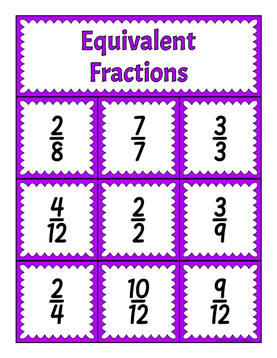 Fifth equivalent fractions bingo board: 2/8, 7/7, 3/3, 4/12, 2/2, 3/9, 2/4, 10/12, and 9/12 for matching