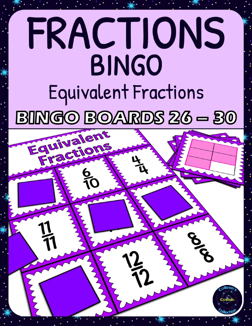 Equivalent fractions bingo cover identifying boards 26–30, with a sample board and fraction calling cards