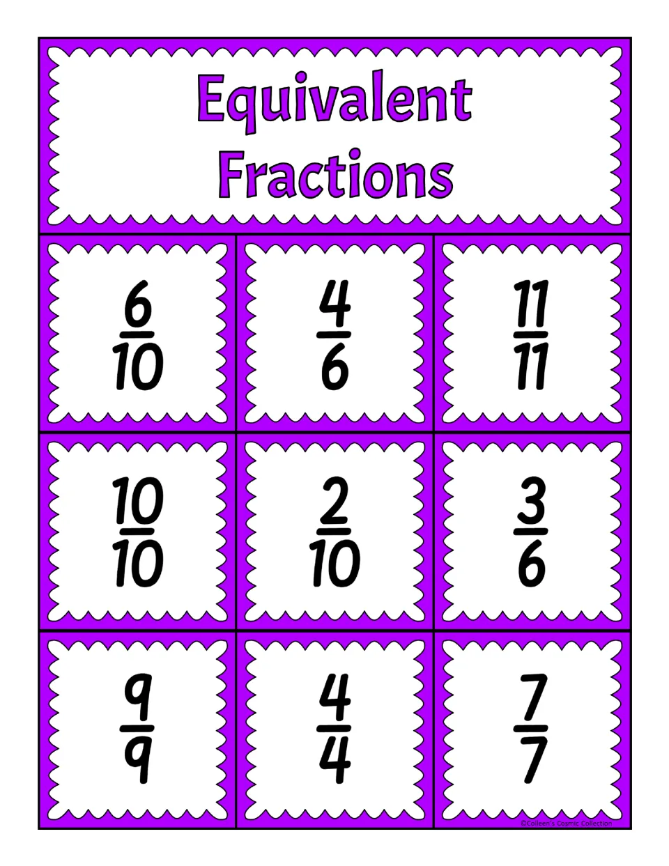 First equivalent fractions bingo board: 6/10, 4/6, 11/11, 10/10, 2/10, 3/6, 9/9, 4/4, and 7/7