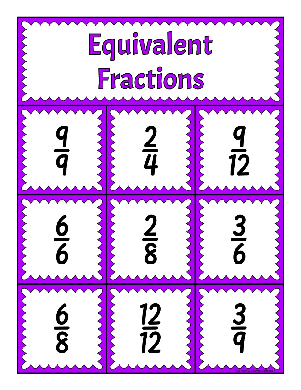 Second equivalent fractions bingo board: 9/9, 2/4, 9/12, 6/6, 2/8, 3/6, 6/8, 12/12, and 3/9
