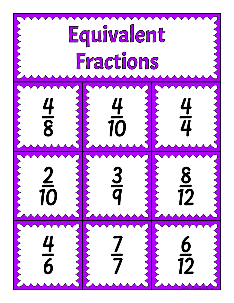 Third equivalent fractions bingo board: 4/8, 4/10, 4/4, 2/10, 3/9, 8/12, 4/6, 7/7, and 6/12