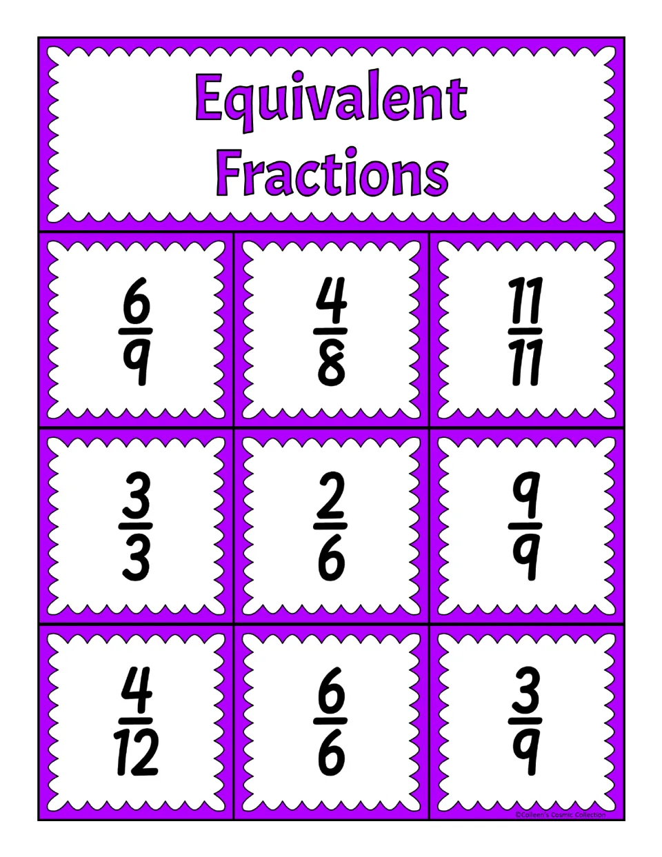 Fourth equivalent fractions bingo board: 6/9, 4/8, 11/11, 3/3, 2/6, 9/9, 4/12, 6/6, and 3/9