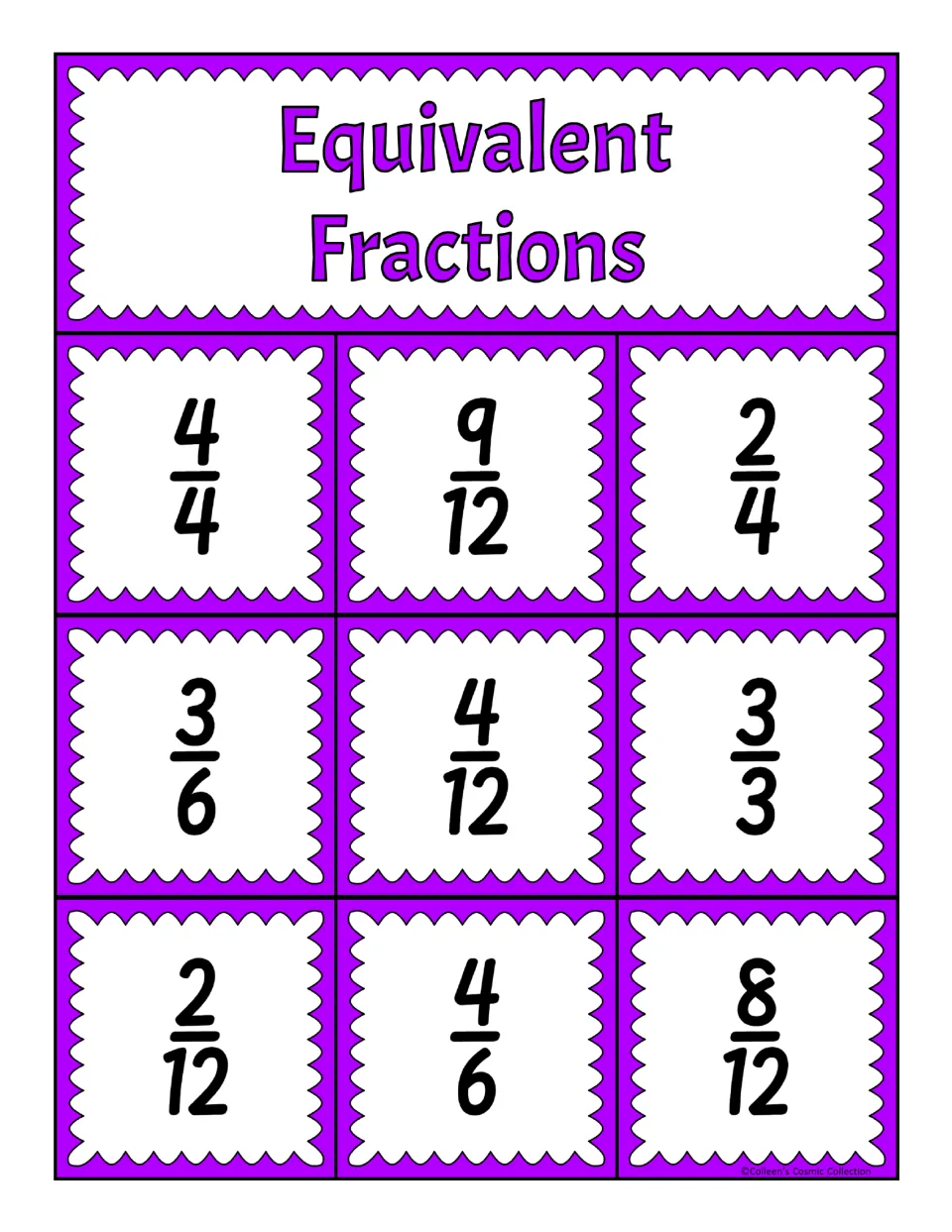 Fifth equivalent fractions bingo board: 4/4, 9/12, 2/4, 3/6, 4/12, 3/3, 2/12, 4/6, and 8/12