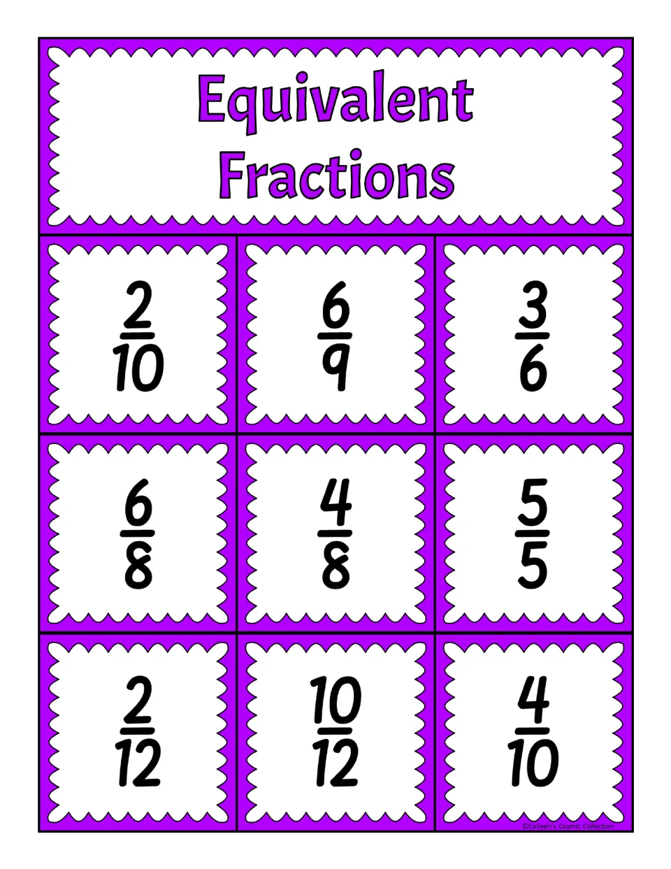 First equivalent fractions bingo board: 2/10, 6/9, 3/6, 6/8, 4/8, 5/5, 2/12, 10/12, and 4/10