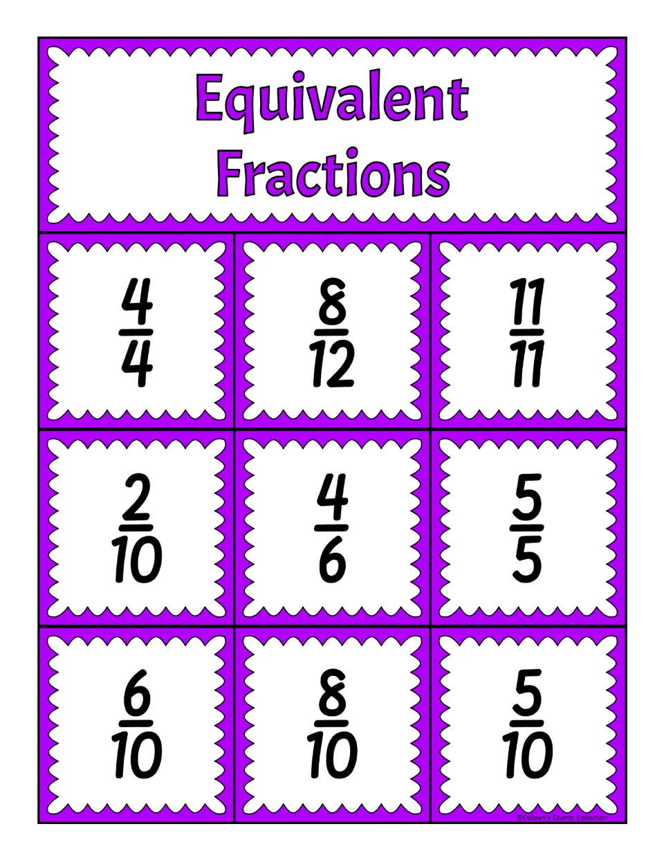 Fourth equivalent fractions bingo board: 4/4, 8/12, 11/11, 2/10, 4/6, 5/5, 6/10, 8/10, and 5/10