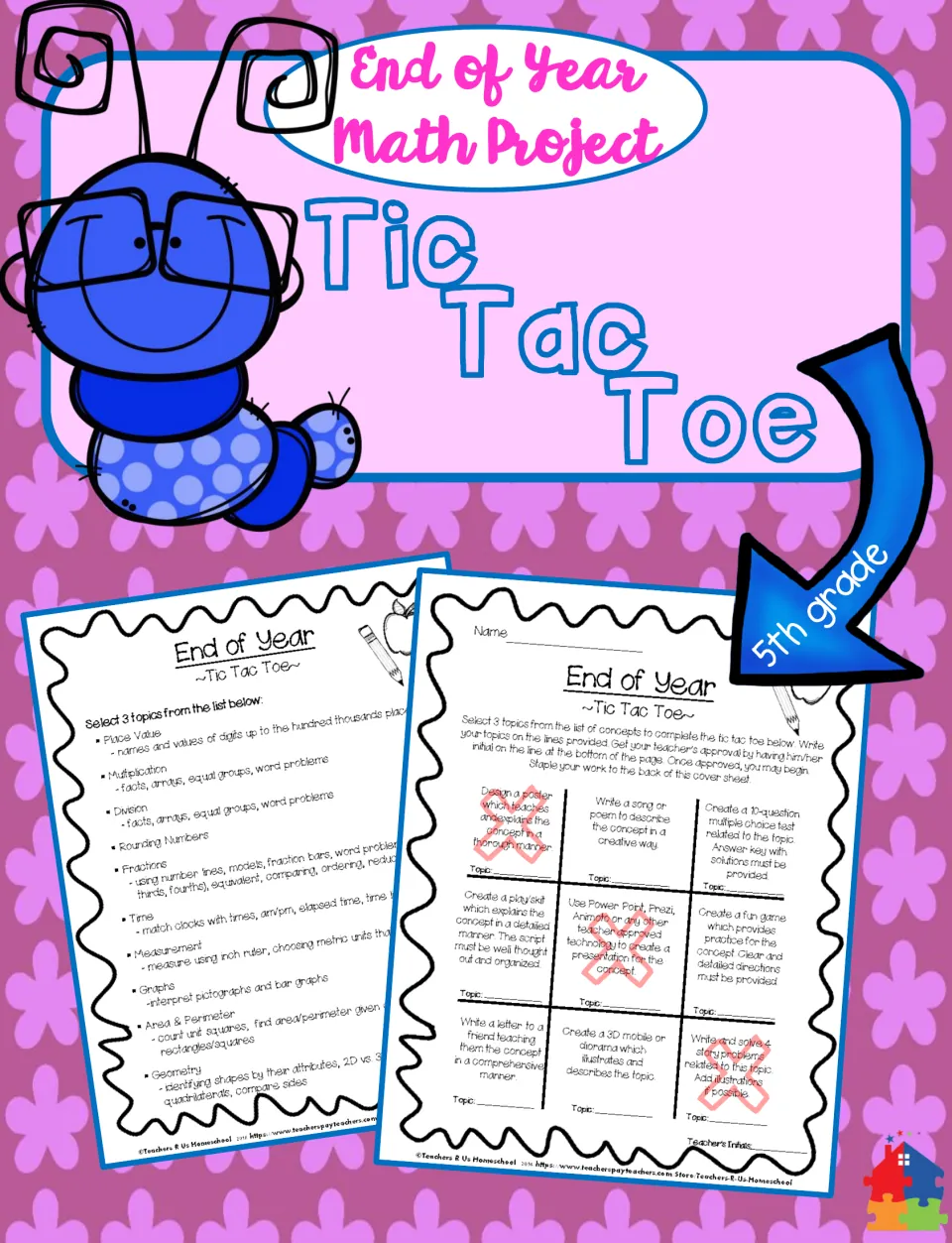 End of Year Math Project Tic Tac Toe cover previewing the math topic checklist and the nine-task choice board