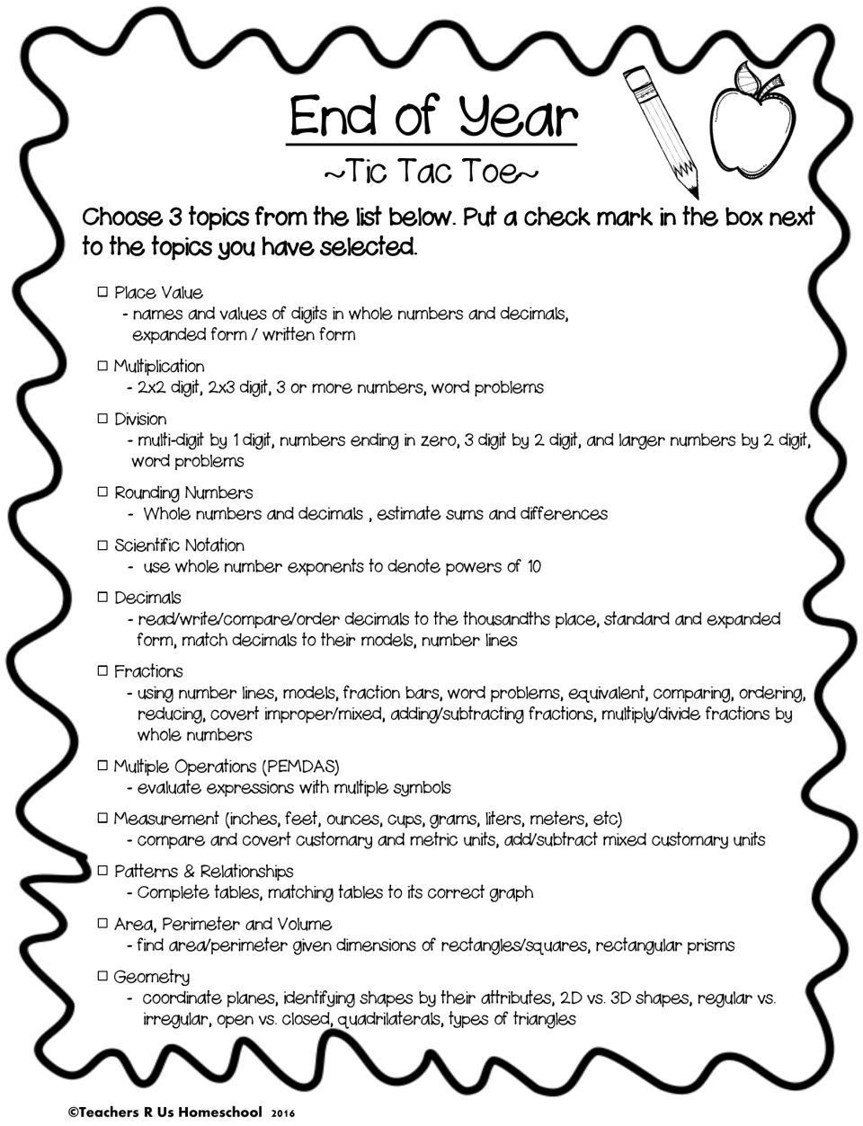 Math review topic checklist: students tick 3 of 12 topics, such as fractions, decimals, PEMDAS and geometry