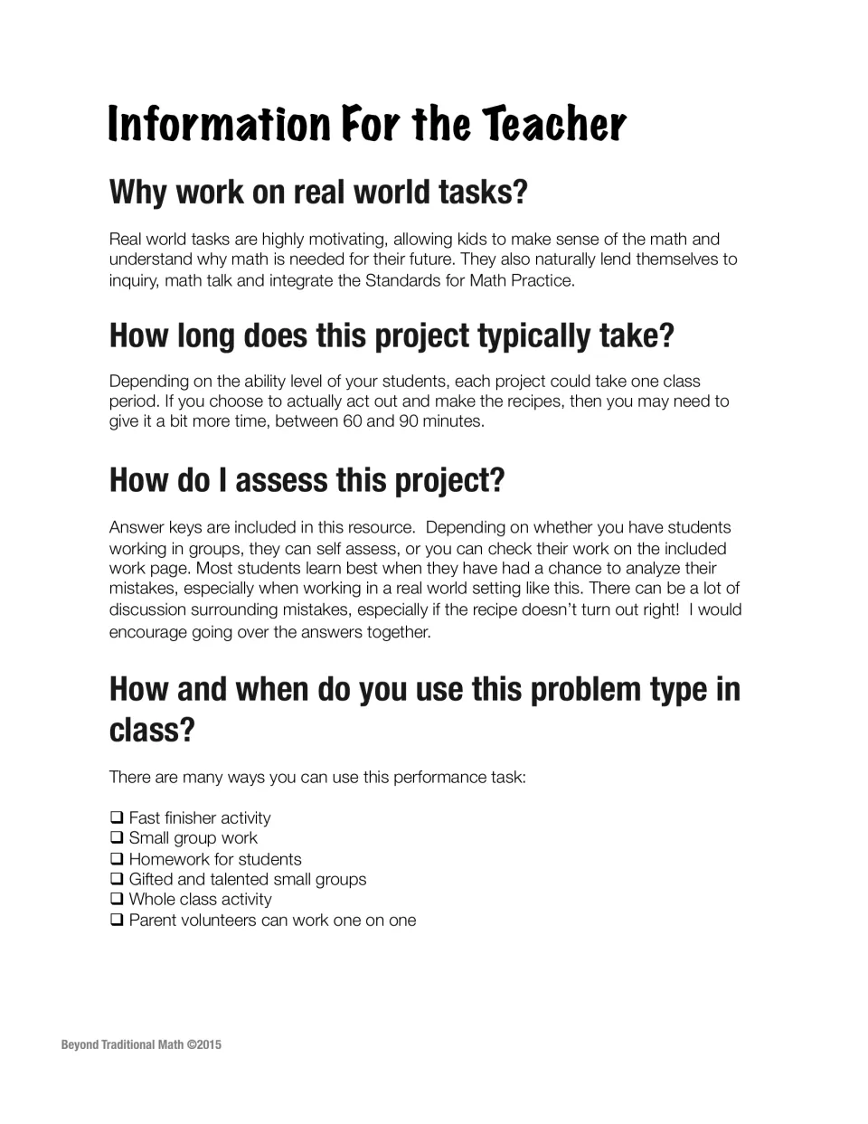 Teacher information explains real-world math tasks, project timing, assessment, and classroom uses.