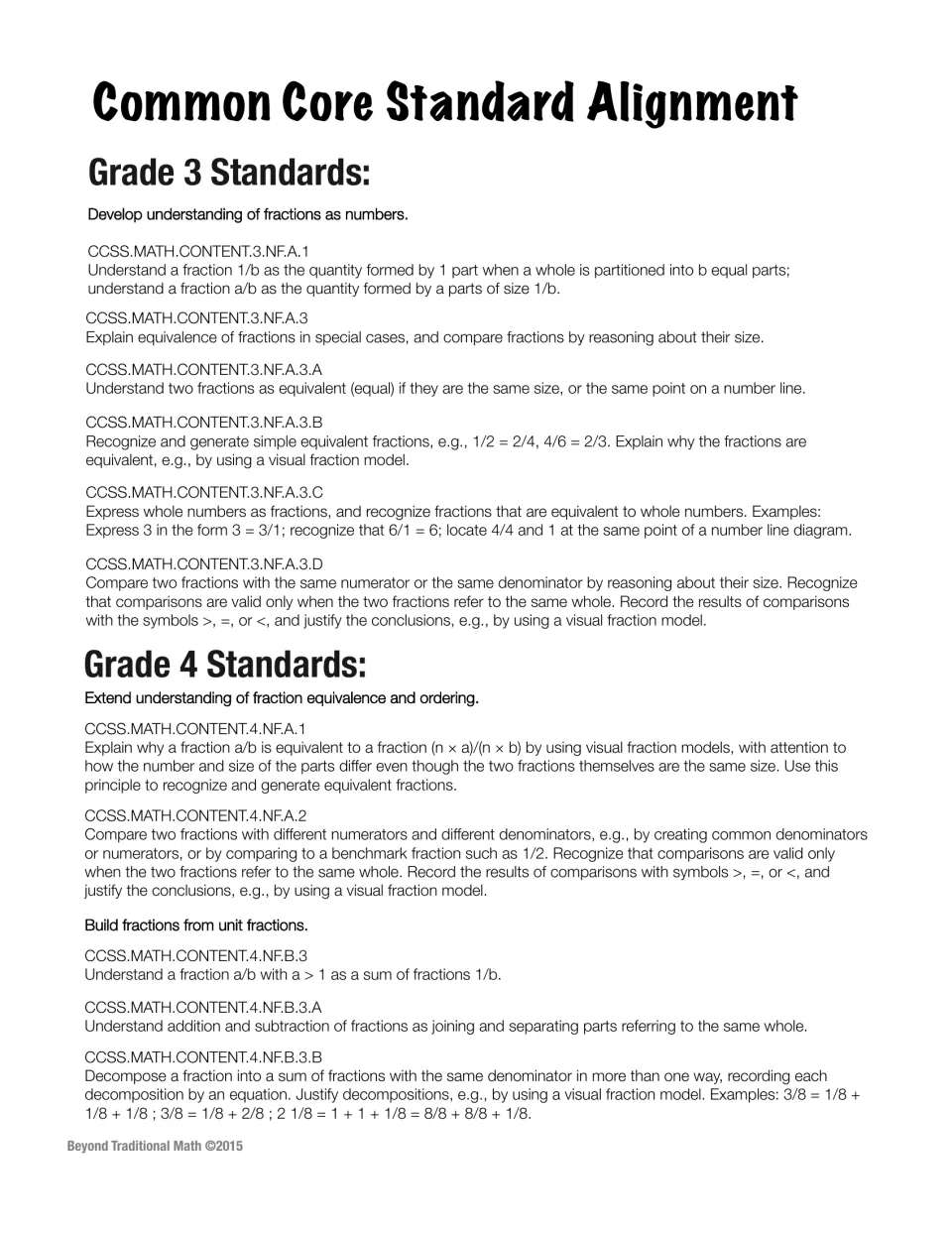 Standards alignment lists grade 3 and 4 fraction concepts, including equivalence, comparison, and sums.