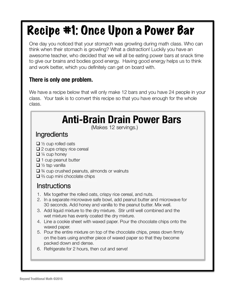 Recipe 1 asks students to double a 12-serving power bar recipe for 24 people using listed ingredients.