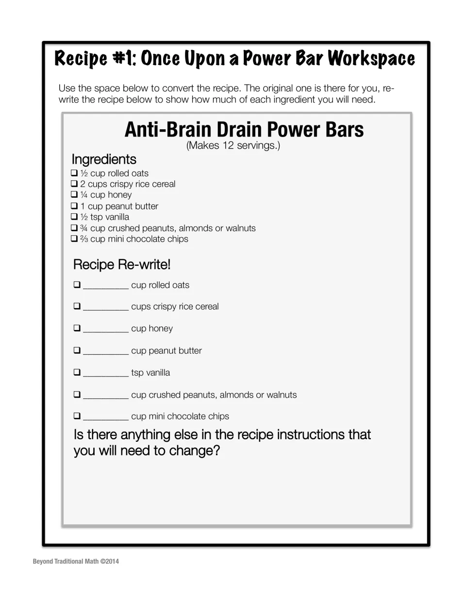 Recipe 1 workspace repeats the power bar ingredients and asks students to rewrite amounts and instructions.