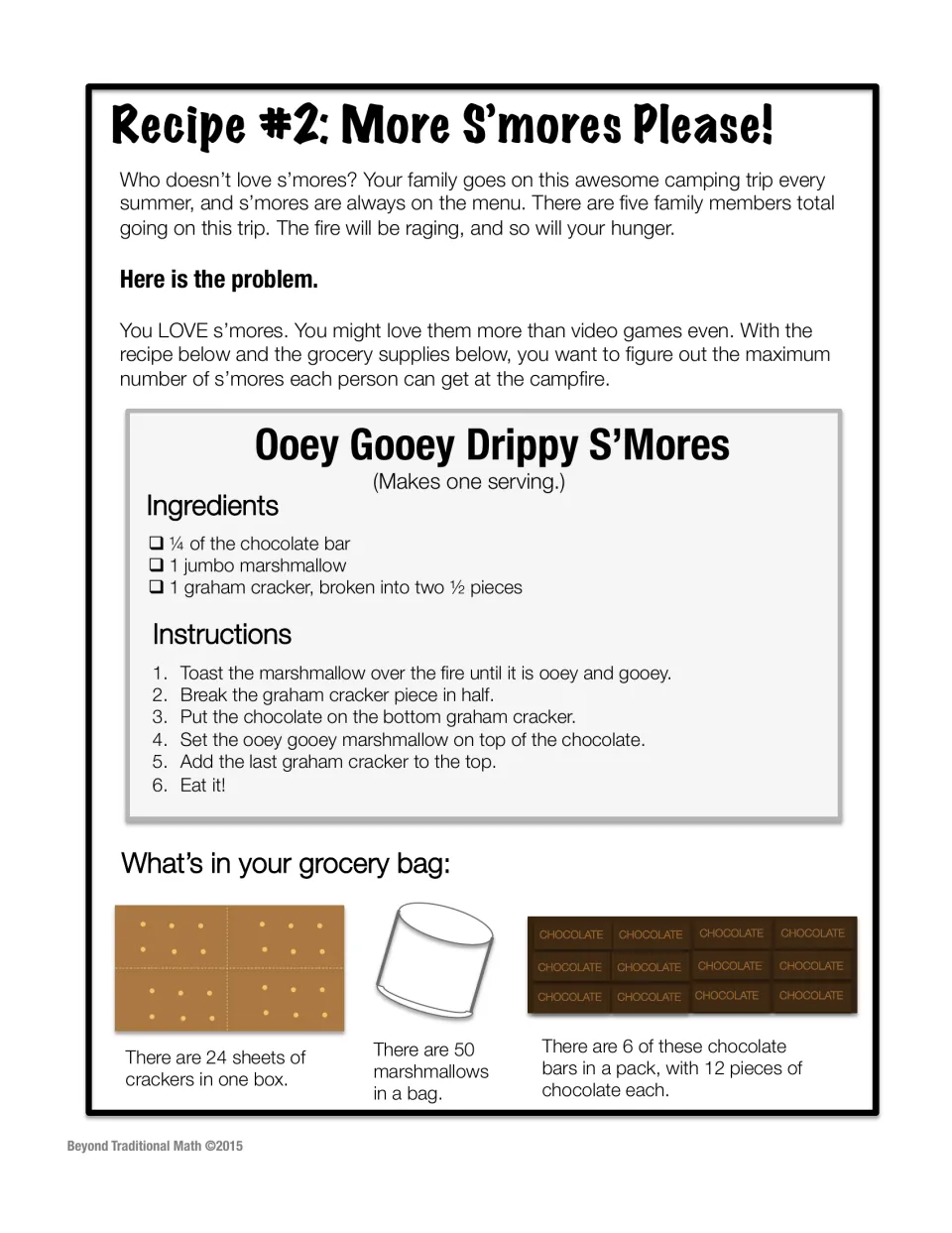 Recipe 2 asks how many s'mores five people can each get from 24 crackers, 50 marshmallows, and 6 chocolate bars.