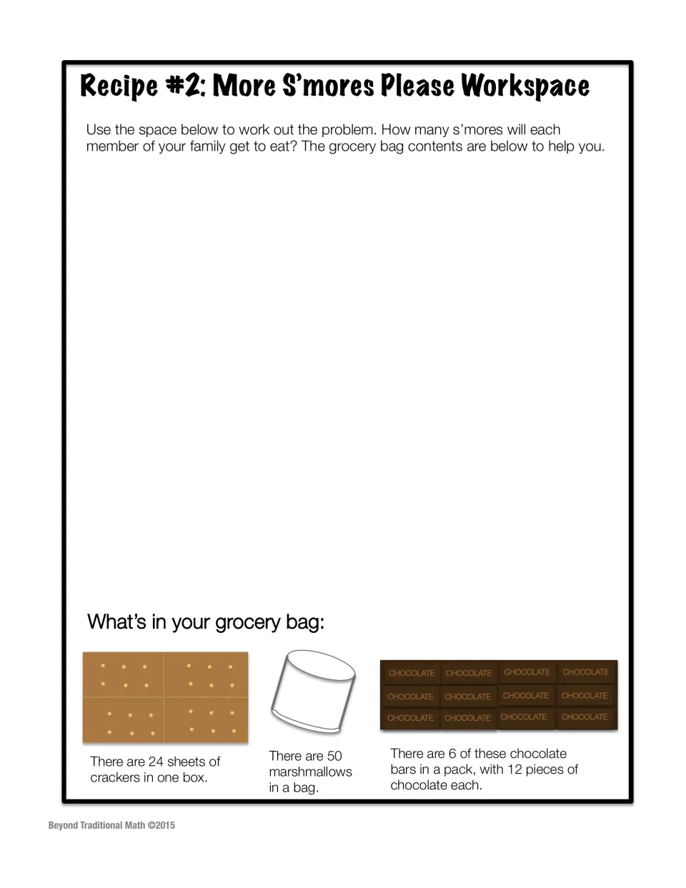 Recipe 2 workspace asks how many s'mores each family member gets and repeats the grocery supply amounts.