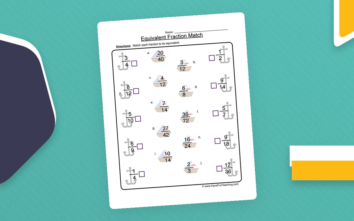 Equivalent Fractions Matching Worksheet teaching resource preview