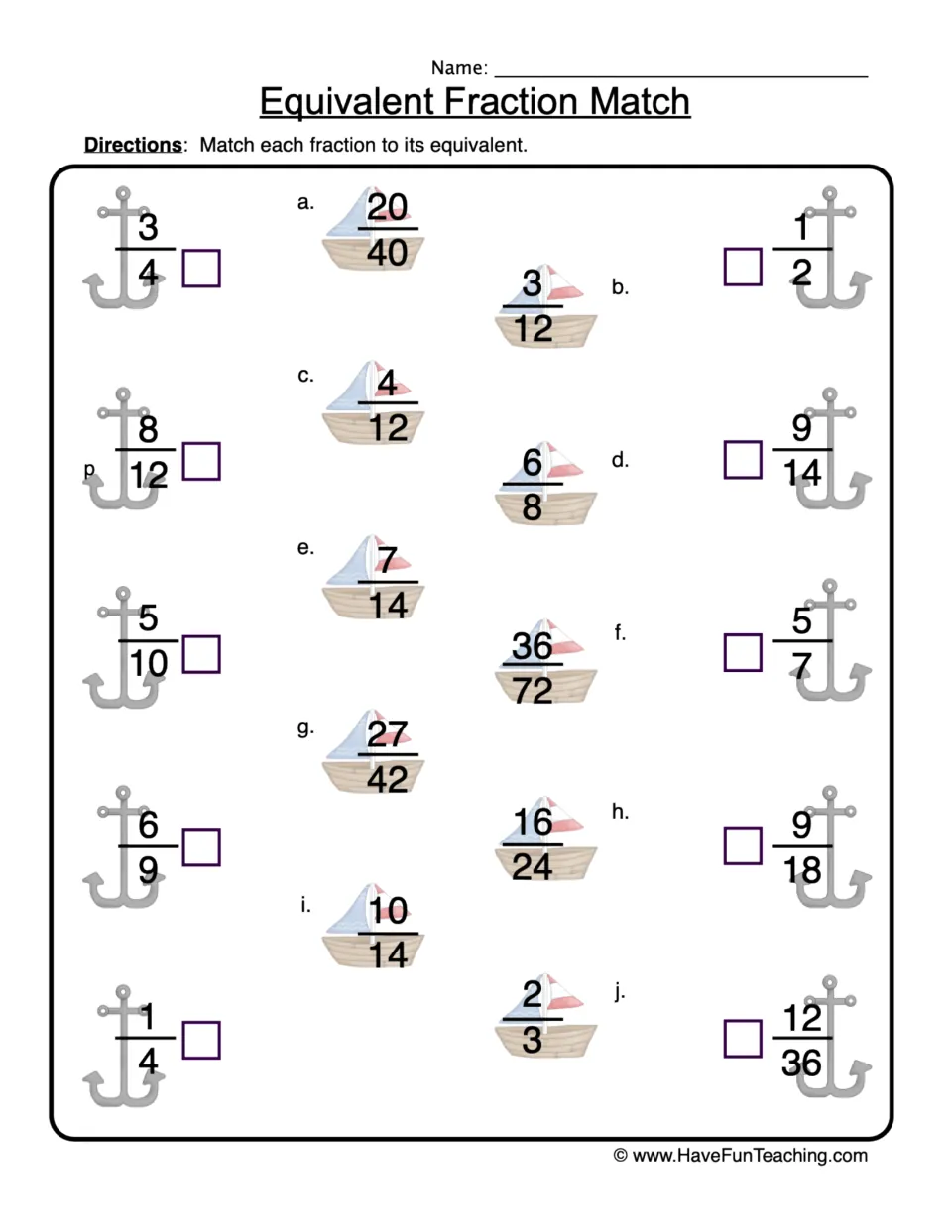 Equivalent Fraction Match: students match 10 anchor fractions such as 3/4 and 9/18 to lettered sailboat fractions a to j