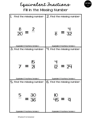 Equivalent Fractions Math Worksheet — Two Versions – cover