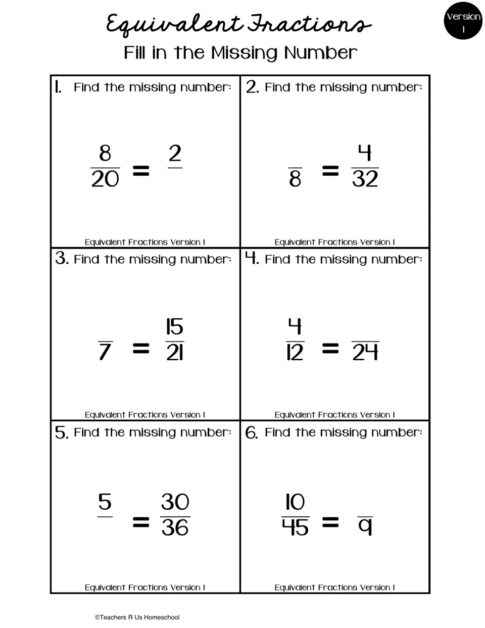 Missing-number equivalent fractions: students find the unknown numerator or denominator in 6 pairs such as 8/20 = 2/?