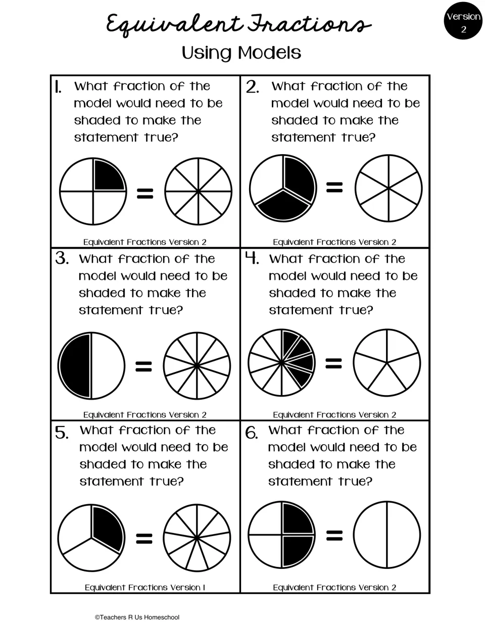 Fraction circle models: students work out what part of each blank circle to shade to equal the shaded one in 6 pairs