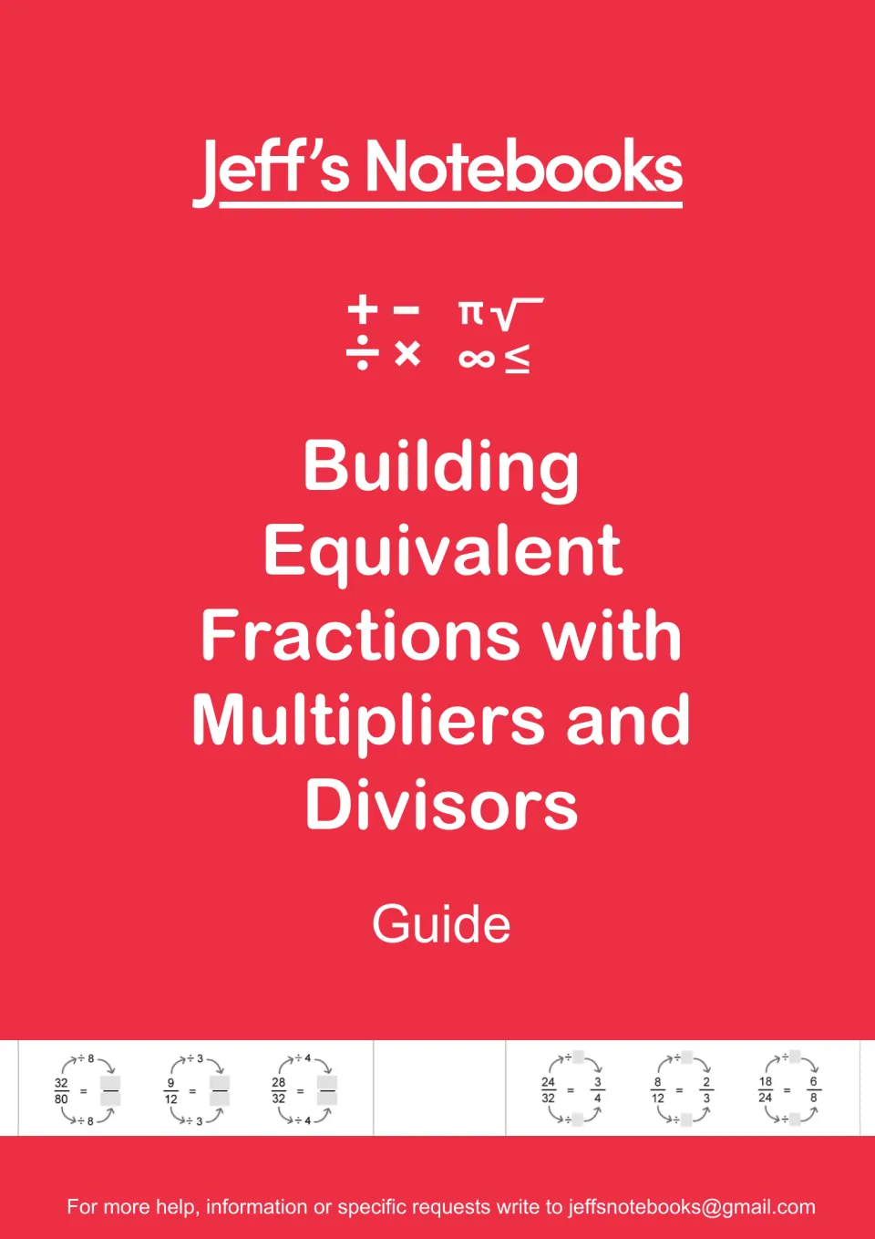 Jeff's Notebooks guide cover: Building Equivalent Fractions with Multipliers and Divisors, with sample fraction problems